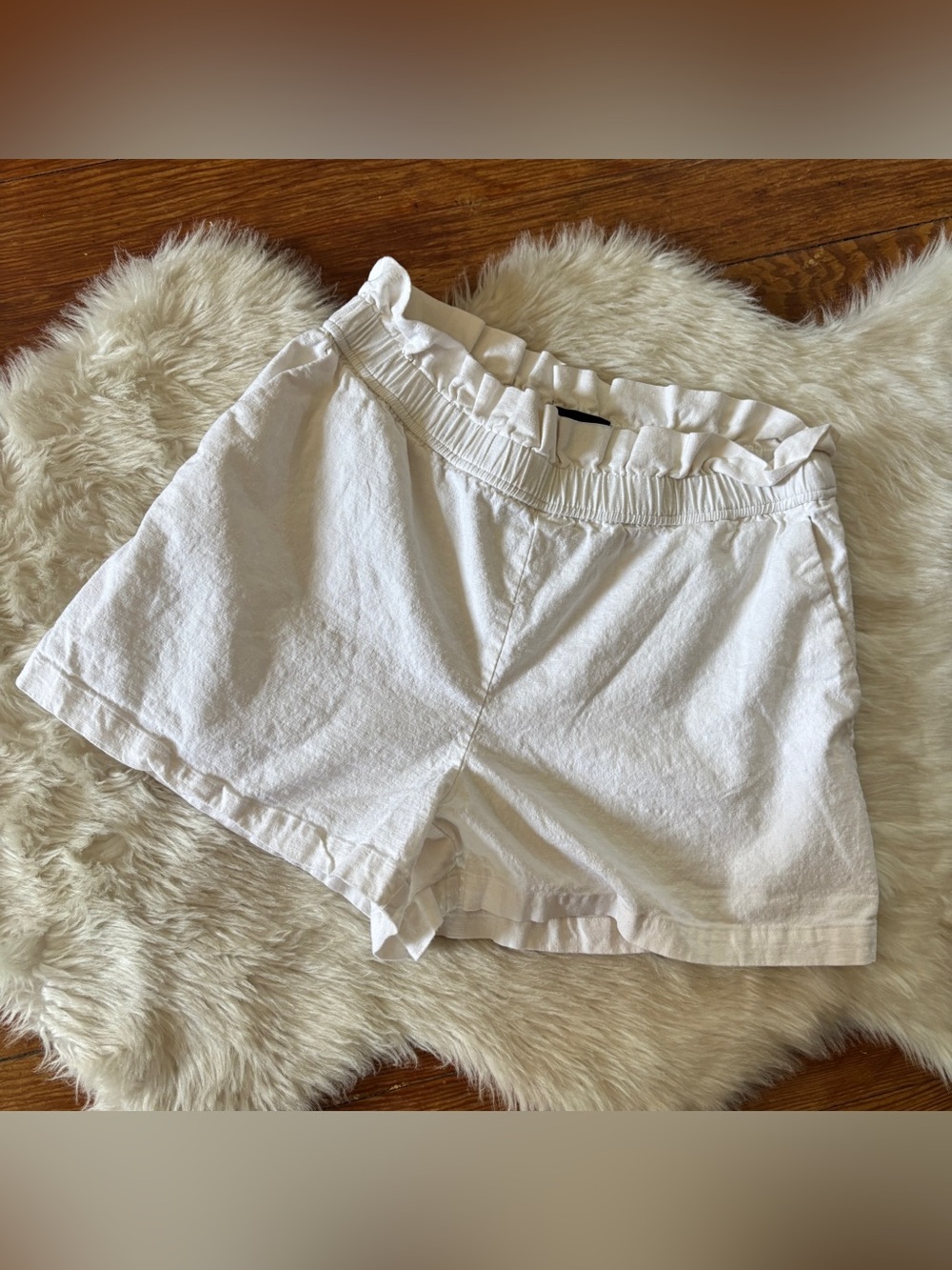 Solid White Linen Blend Elastic High Waist Shorts